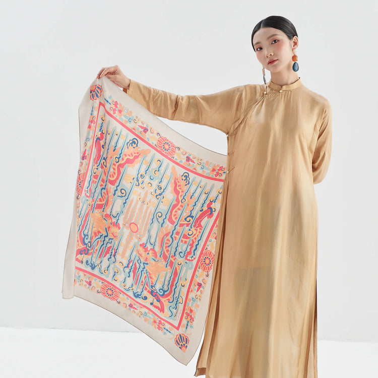 Dragon Pearl Silk Scarf/ Cream