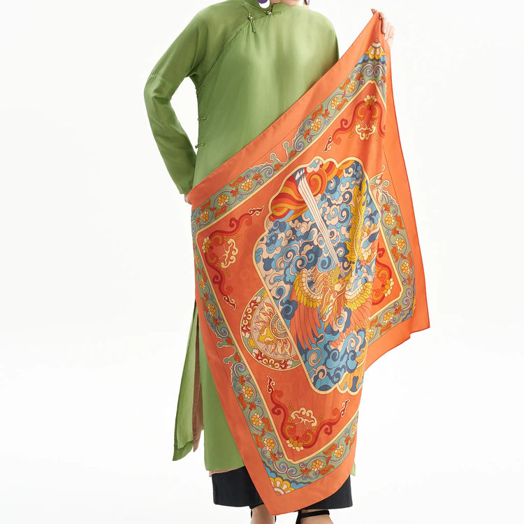 Cloud-Gliding Phoenix Silk Scarf/ Orange