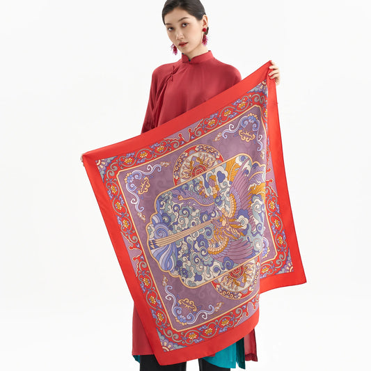 Cloud-Gliding Phoenix Silk Scarf/ Red