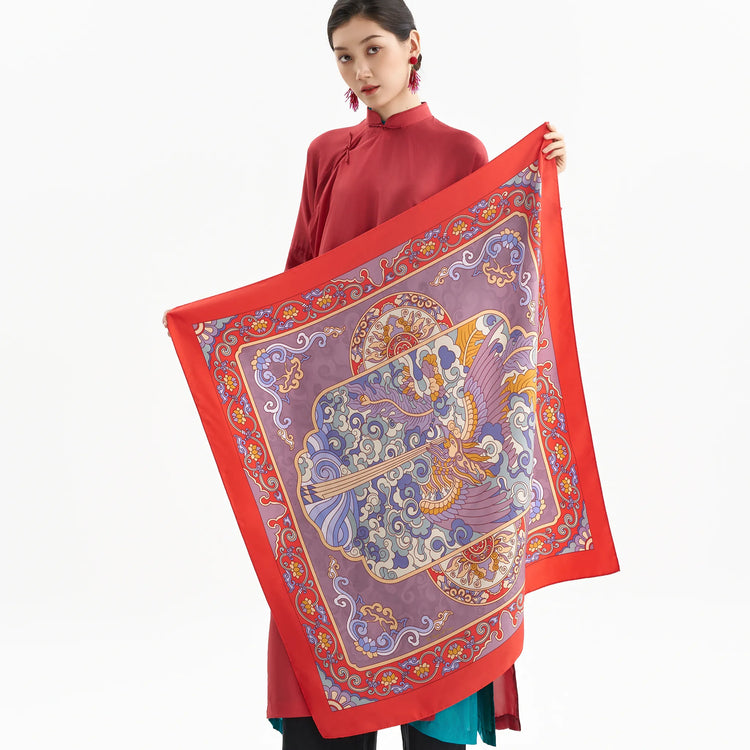 Cloud-Gliding Phoenix Silk Scarf/ Red