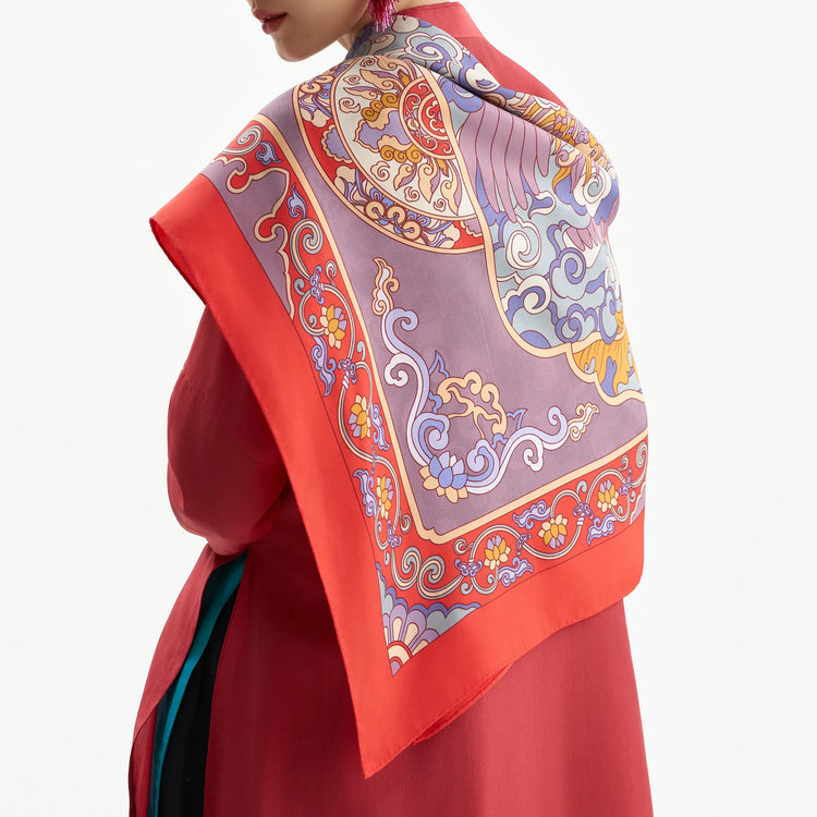 Cloud-Gliding Phoenix Silk Scarf/ Red