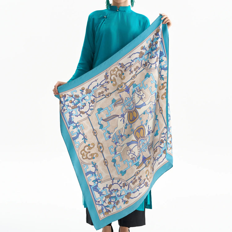 Horse in Plum Blossoms Silk Scarf/ Blue