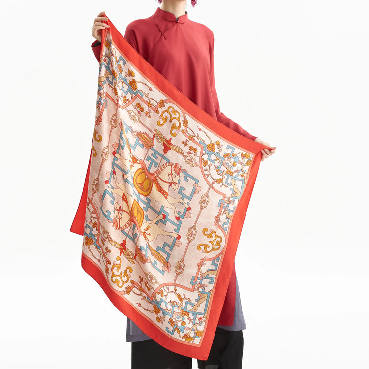 Horse in Plum Blossoms Silk Scarf/ Pink