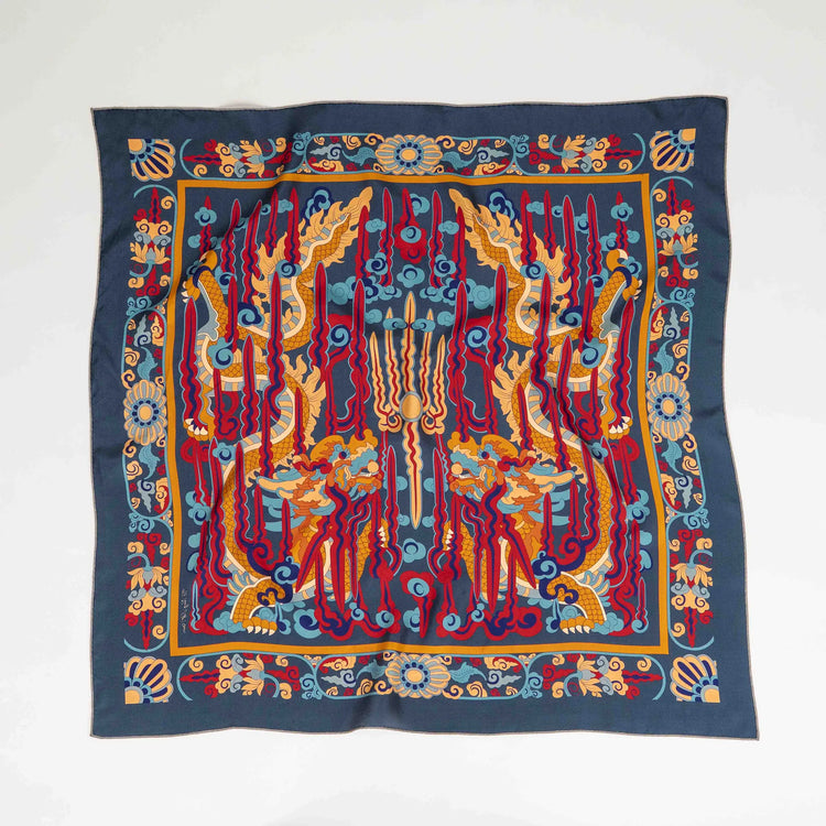 Dragon Pearl Silk Scarf/ Navy