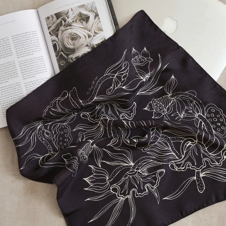 Lotus Dance Silk Scarf/ Black