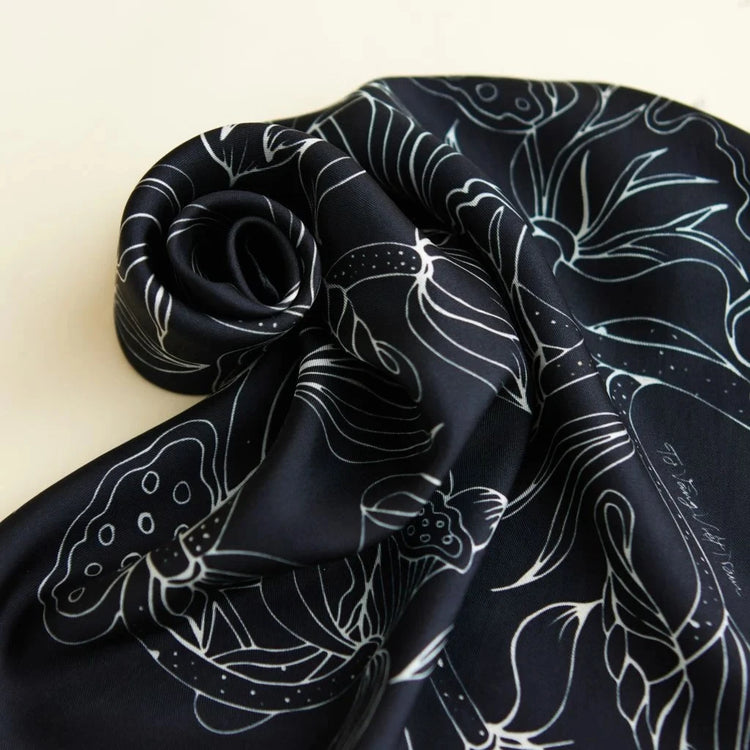 Lotus Dance Silk Scarf/ Black