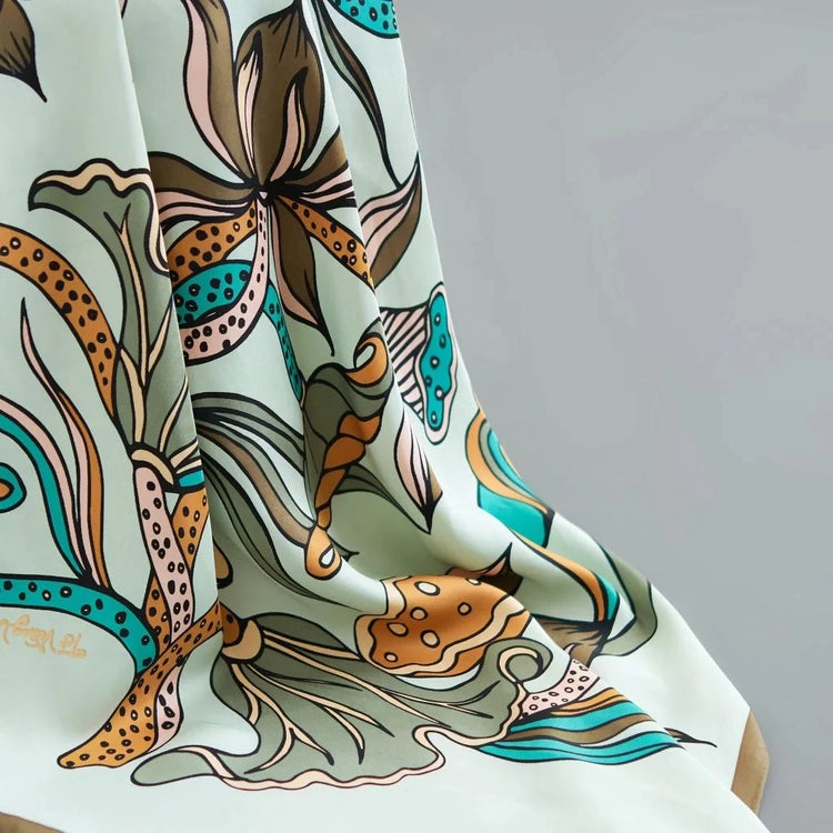 Lotus Dance Silk Scarf/ Khaki