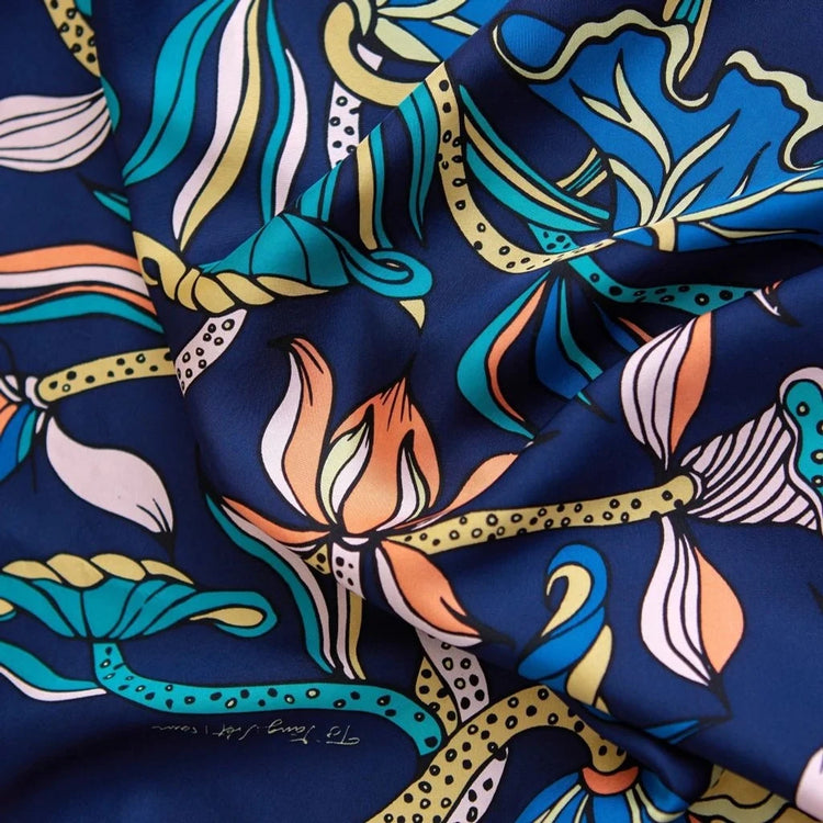 Lotus Dance Silk Scarf/ Navy Blue