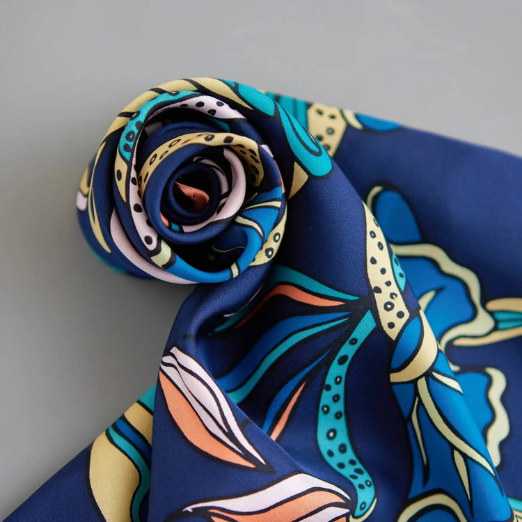 Lotus Dance Silk Scarf/ Navy Blue