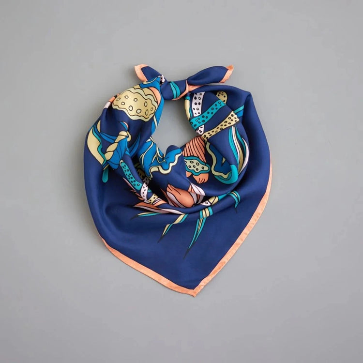 Lotus Dance Silk Scarf/ Navy Blue