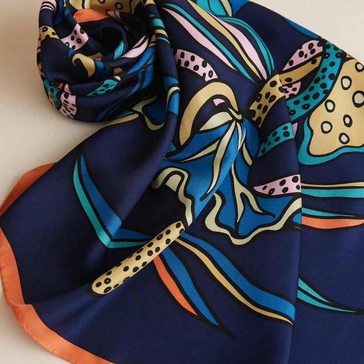Lotus Dance Silk Scarf/ Navy Blue
