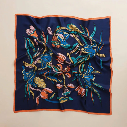 Lotus Dance Silk Scarf/ Navy Blue