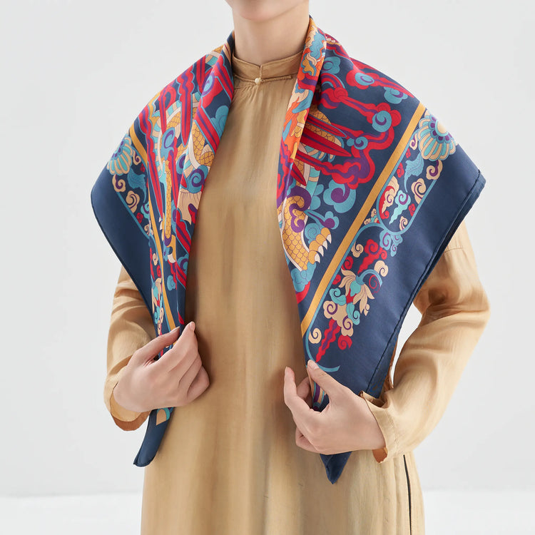 Dragon Pearl Silk Scarf/ Navy