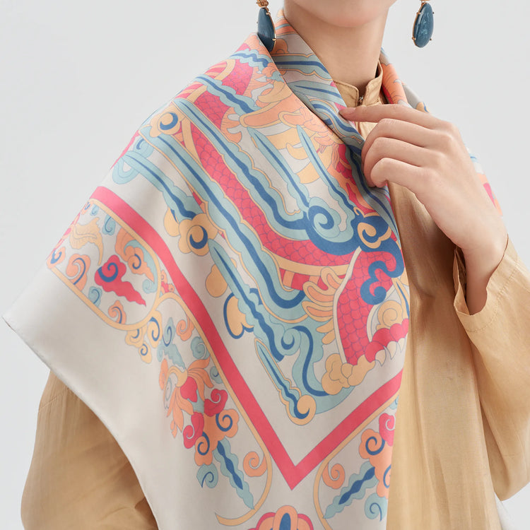 Dragon Pearl Silk Scarf/ Cream