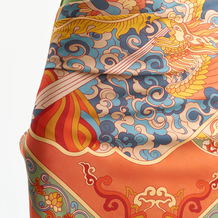 Cloud-Gliding Phoenix Silk Scarf/ Orange