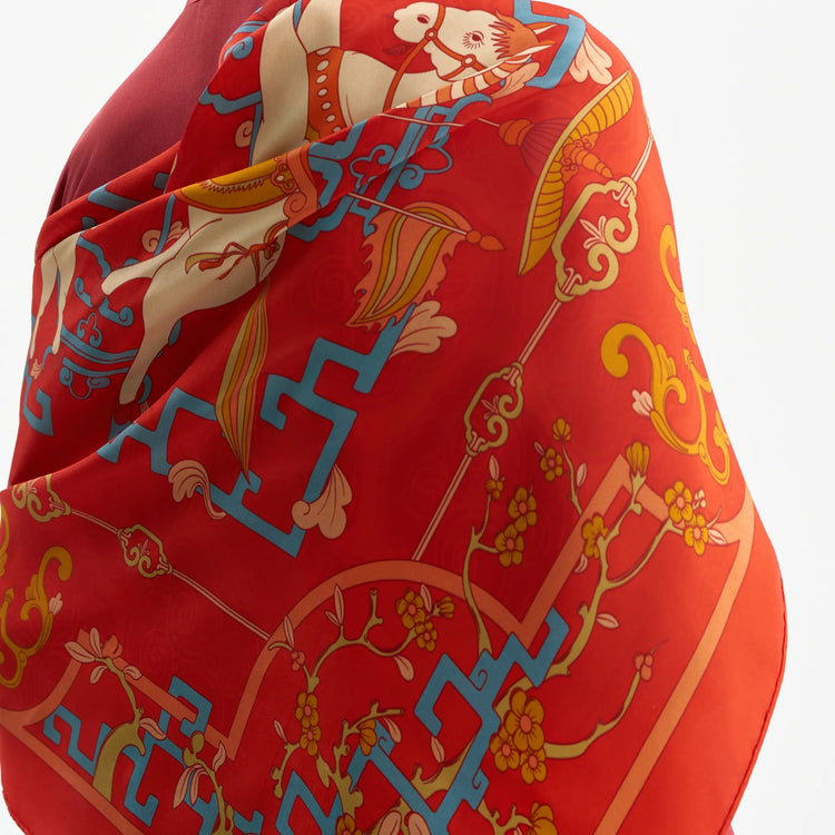 Horse in Plum Blossoms Silk Scarf/ Red