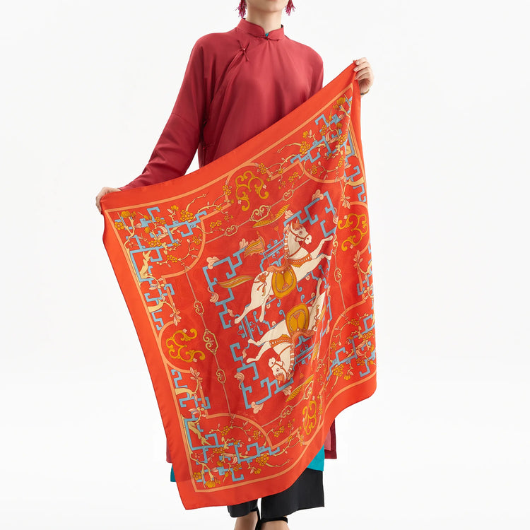 Horse in Plum Blossoms Silk Scarf/ Red