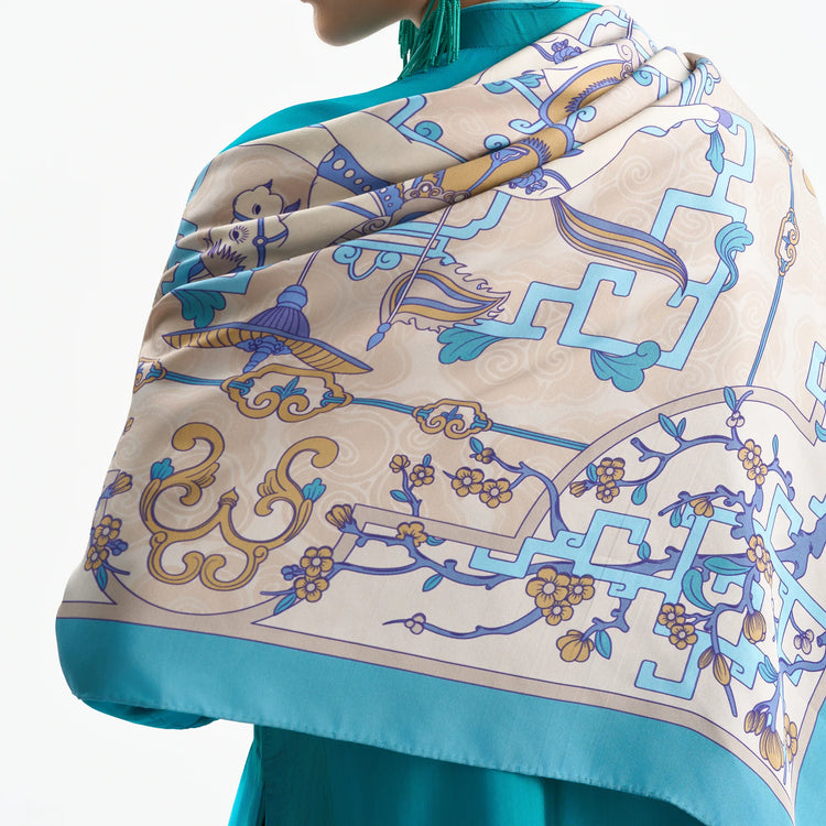Horse in Plum Blossoms Silk Scarf/ Blue