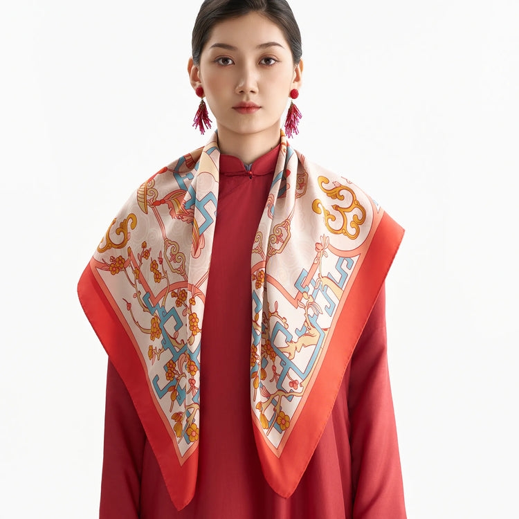 Horse in Plum Blossoms Silk Scarf/ Pink